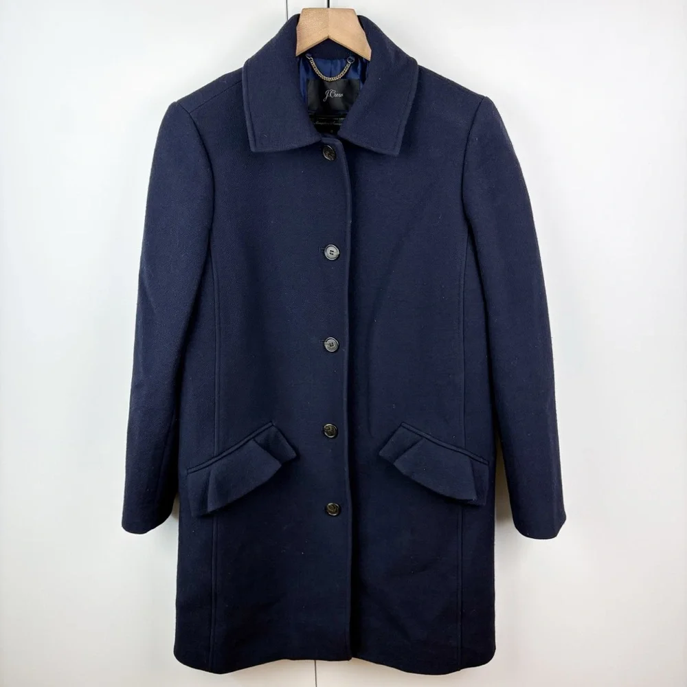 J. Crew Topcoat Ruffle Pockets Italian Double Cloth Wool Navy Blue Size 6 Lady - Picture 2 of 9